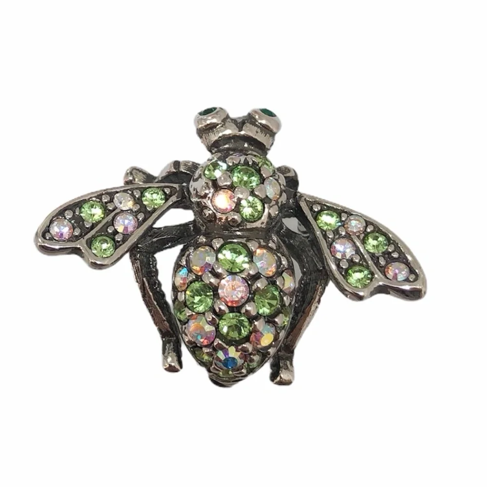 JOAN RIVERS CLEAR AURORA BOREALIS & GREEN CRYSTALS SILVER TONE BUMBLEBEE BROOCH